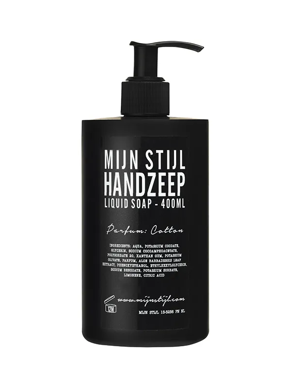 Handzeep parfum Cotton o.b.v. kokos- en olijfolie 400 ml (zwarte fles)