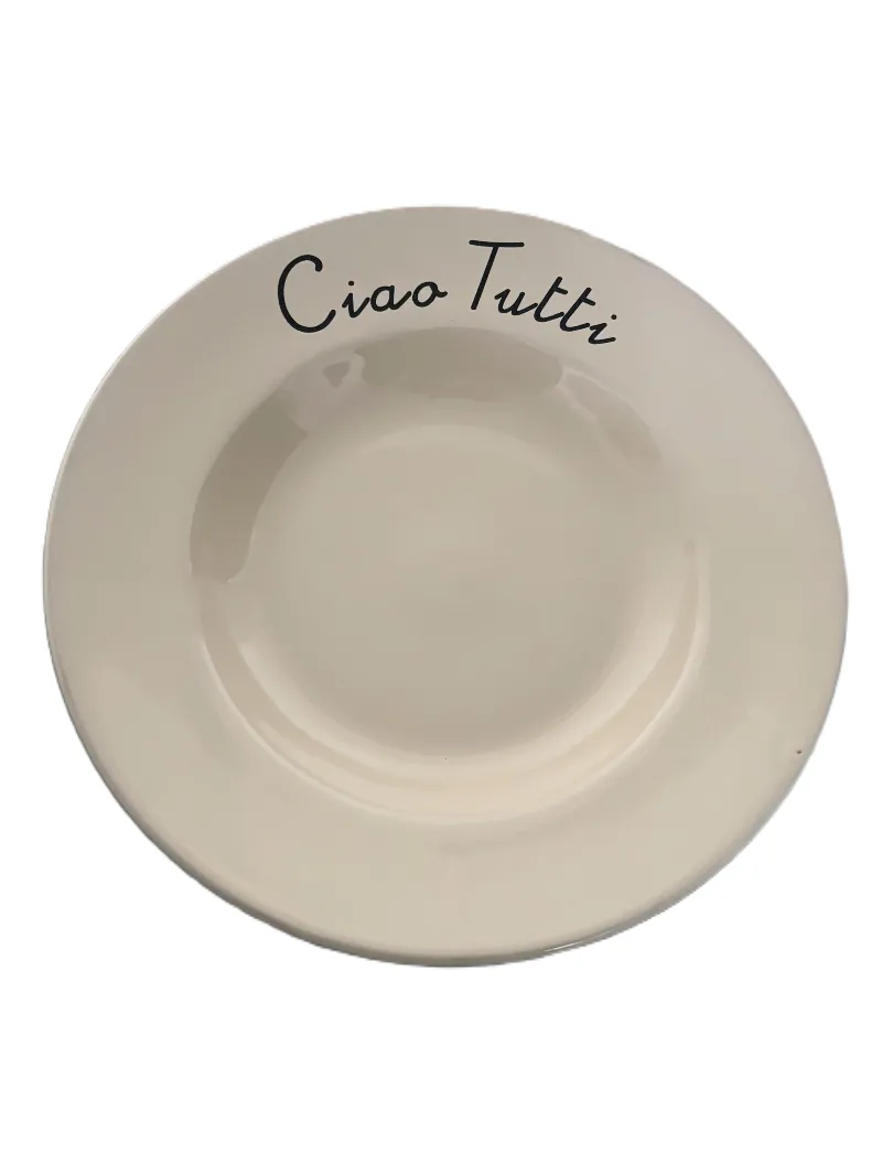 (Diep)bord 23 cm Ciao Tutti, made in Italy creme met zwarte letters