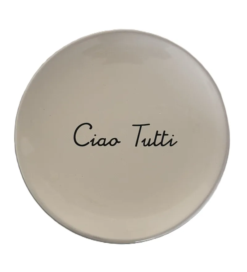 (serveer)bord 20 cm Ciao Tutti, made in Italy creme met zwarte letters